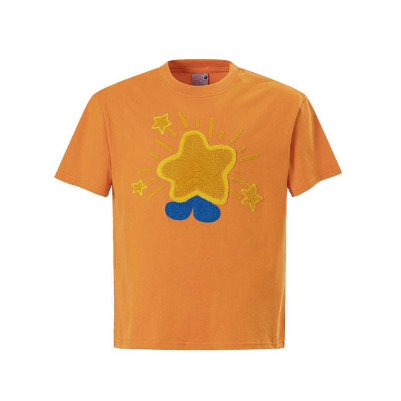 Flocked Star Embroidered Hip Hop T-Shirt
